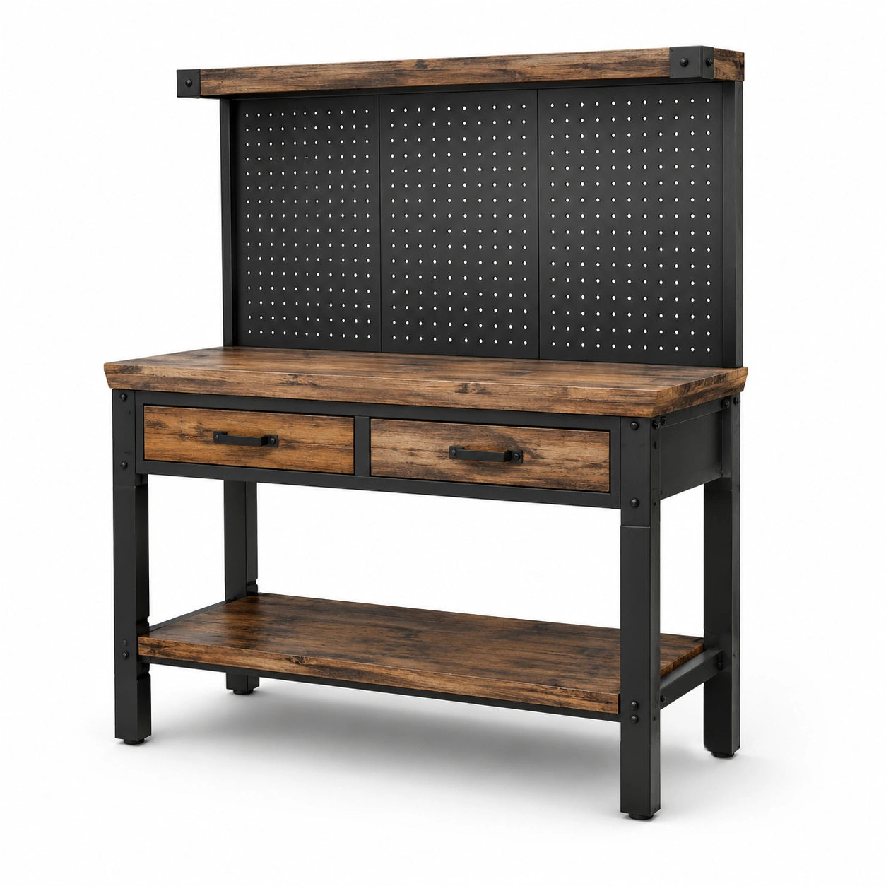 Établi en bois et métal avec 2 tiroirs et panneau perforé