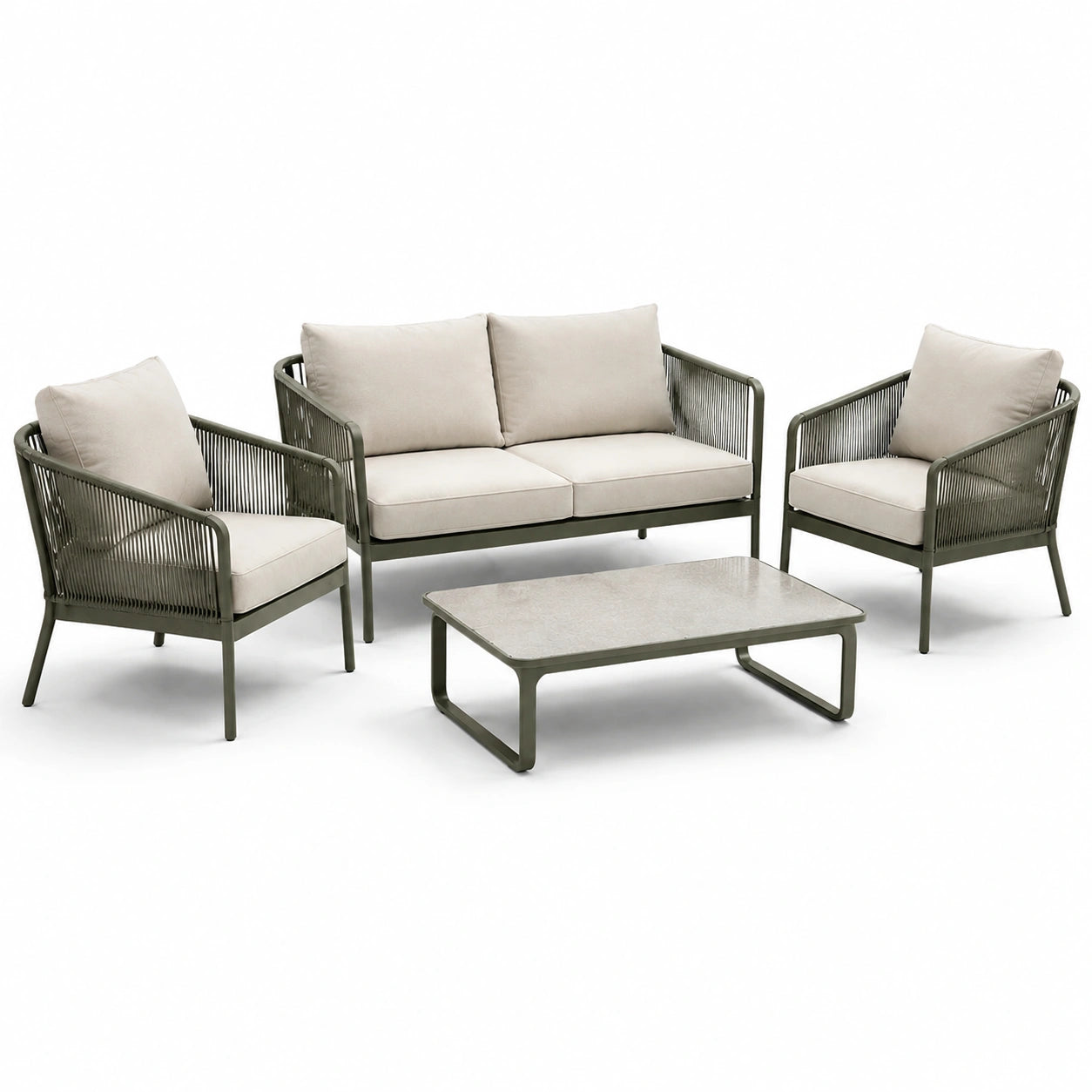 Ensemble de mobilier extérieur en acier et corde avec coussins sable