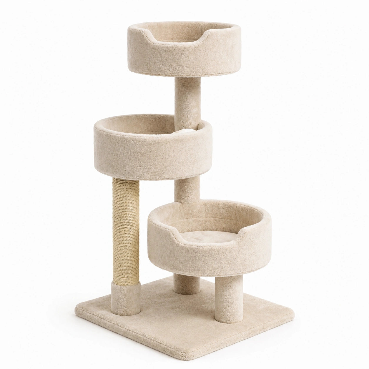 Arbre à chat en bois et sisal beige, 3 niveaux, 80 cm