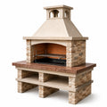 Barbecue en pierre reconstituée et marbre, grille en acier inoxydable, beige et marron 120x230x80 cm