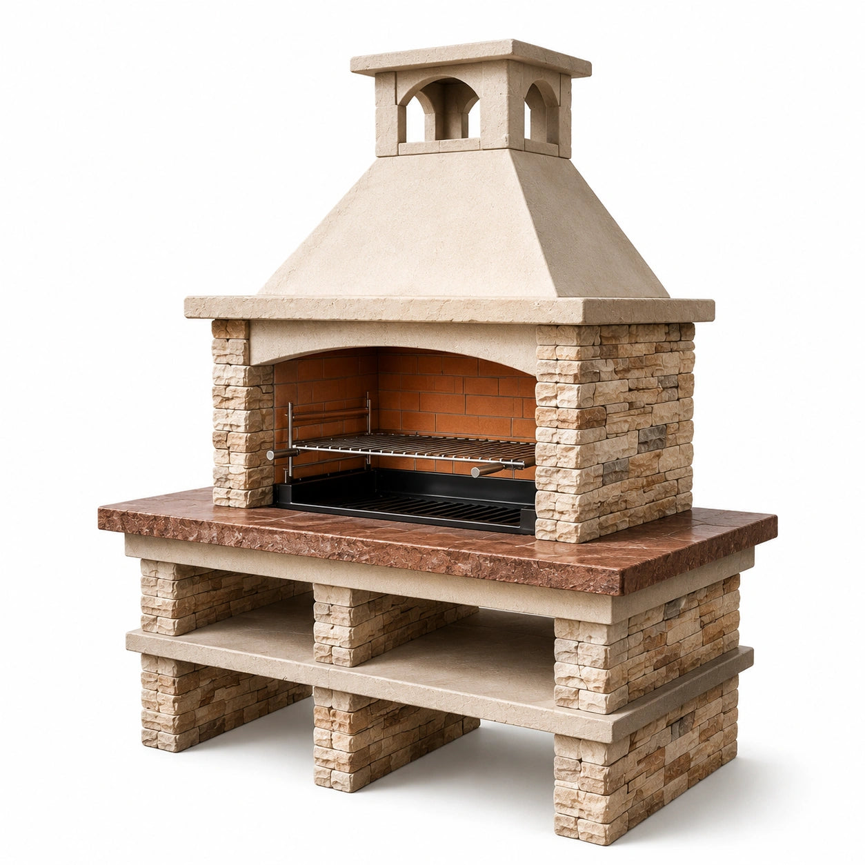 Barbecue en pierre reconstituée et marbre, grille en acier inoxydable, beige et marron 120x230x80 cm