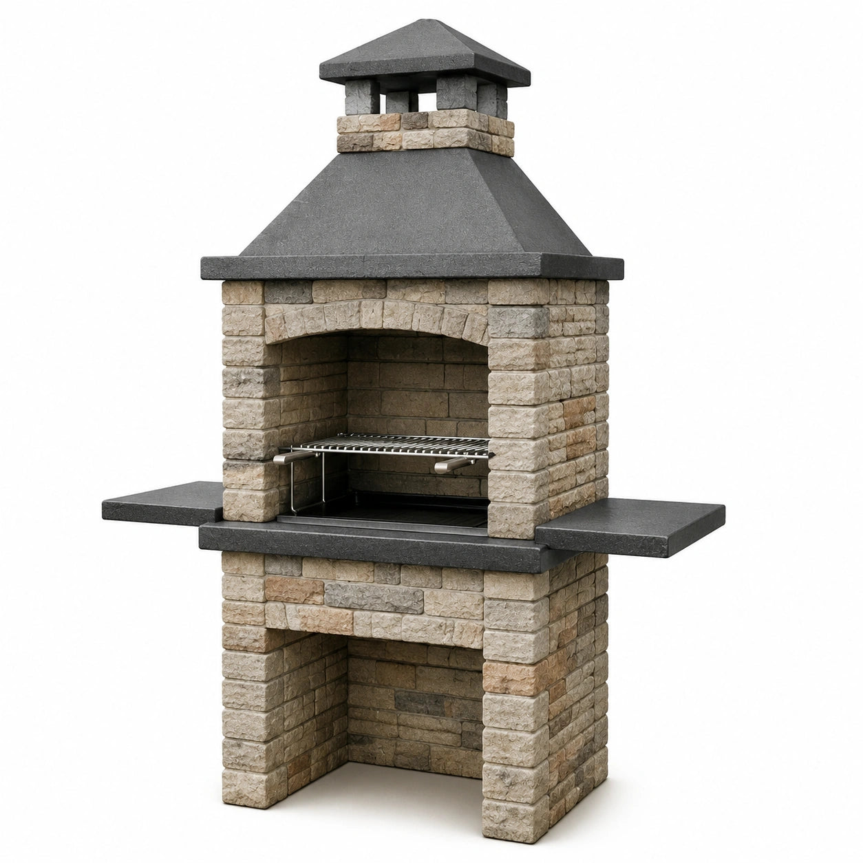 Barbecue en pierre réfractaire avec gril en acier inoxydable, beige/gris