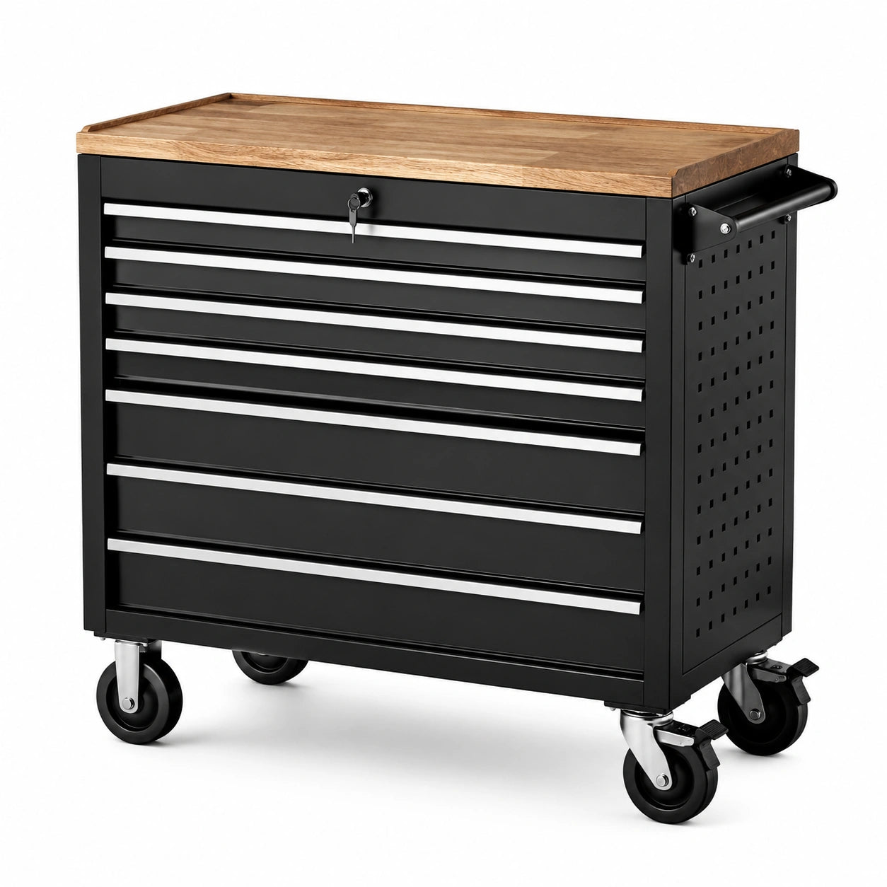 Chariot à outils en métal noir avec 7 tiroirs et plateau en chêne