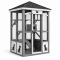 Enclos pour chat en bois et treillis gris avec toit en bardeaux 150x150x200 cm