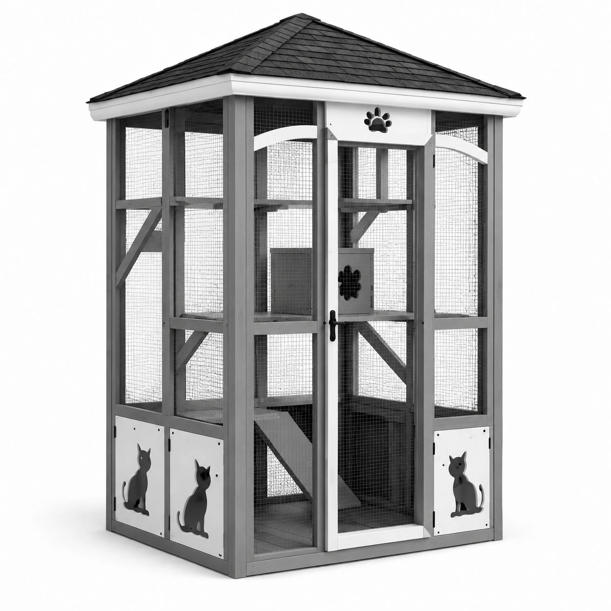 Enclos pour chat en bois et treillis gris avec toit en bardeaux 150x150x200 cm