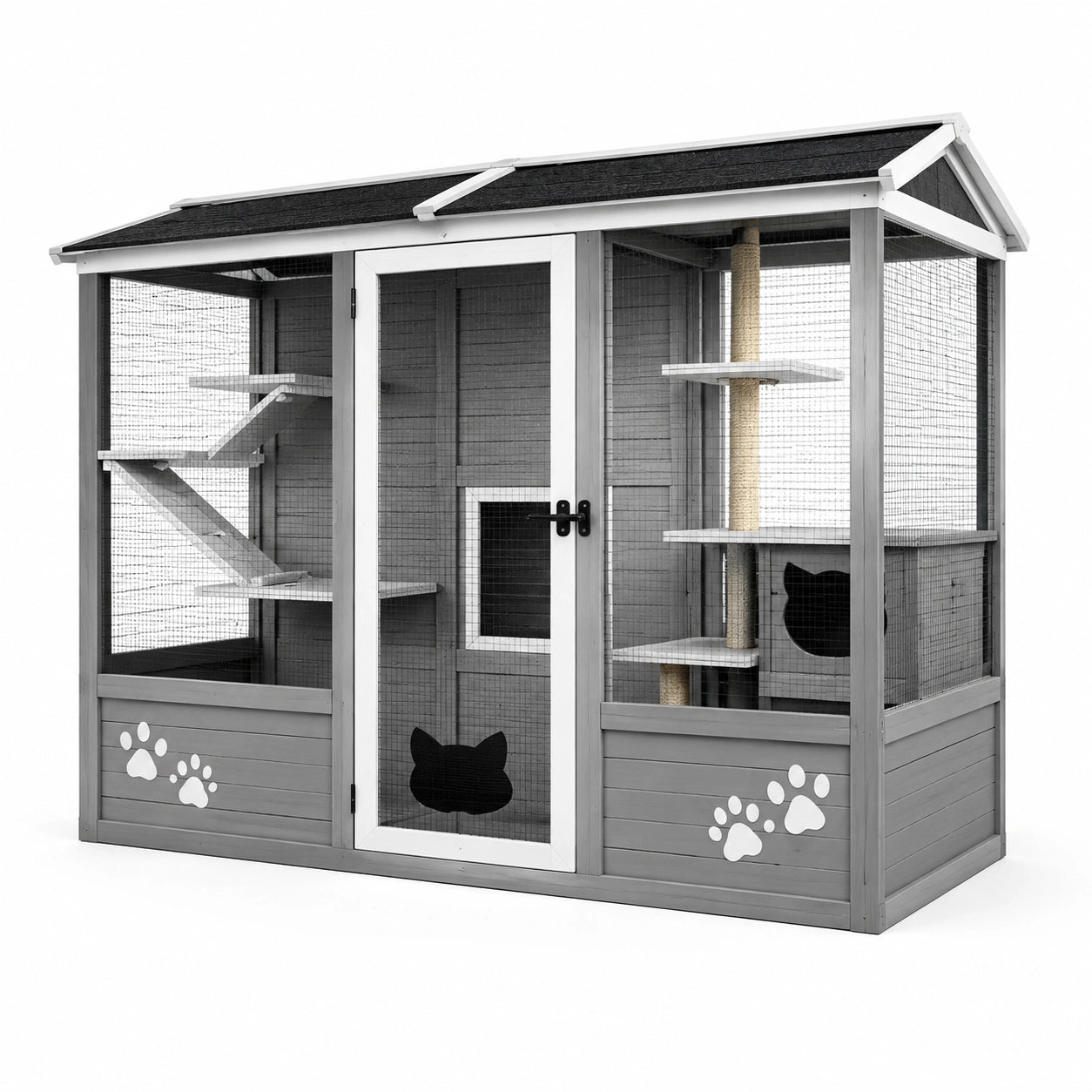 Enclos pour chat en bois de pin et acier galvanisé gris avec plateformes et griffoir 180x90x150 cm