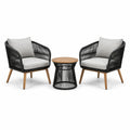 Ensemble de fauteuils en corde noire avec coussins gris et table en bois et acier