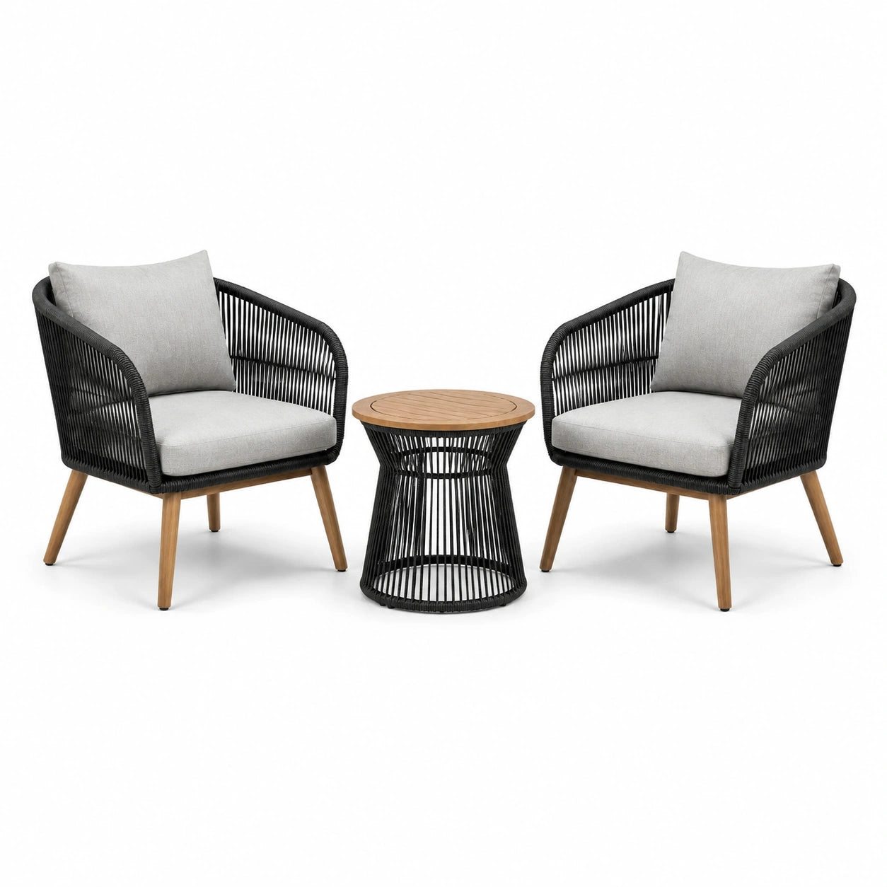 Ensemble de fauteuils en corde noire avec coussins gris et table en bois et acier