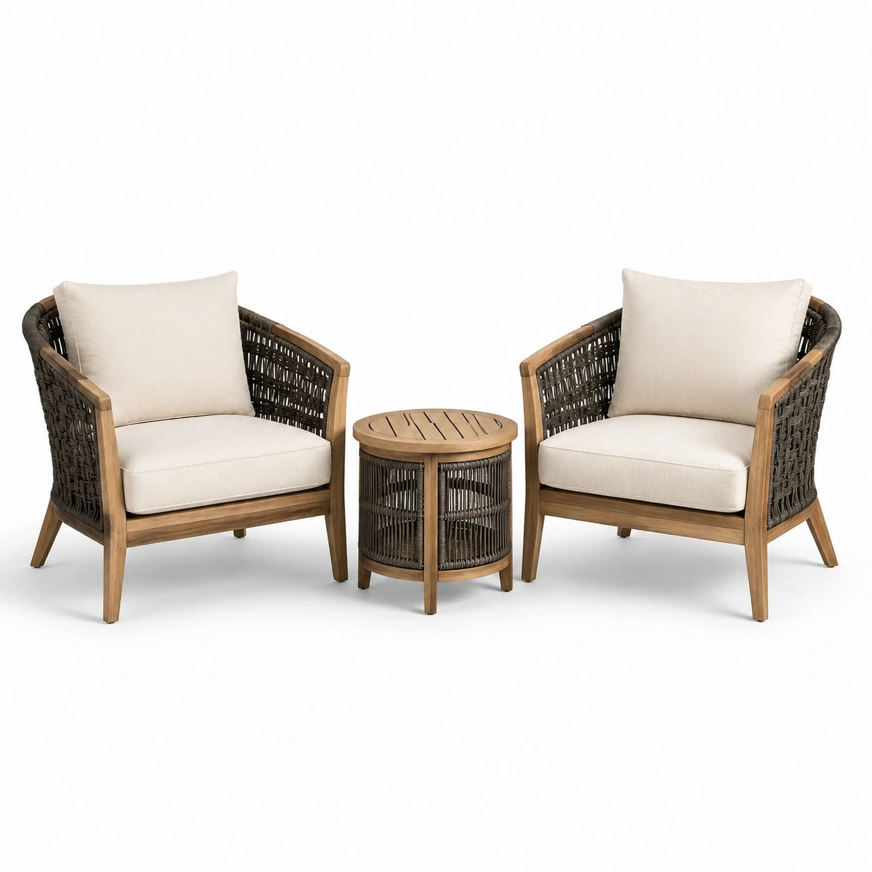Ensemble en bois et rotin avec coussins beige