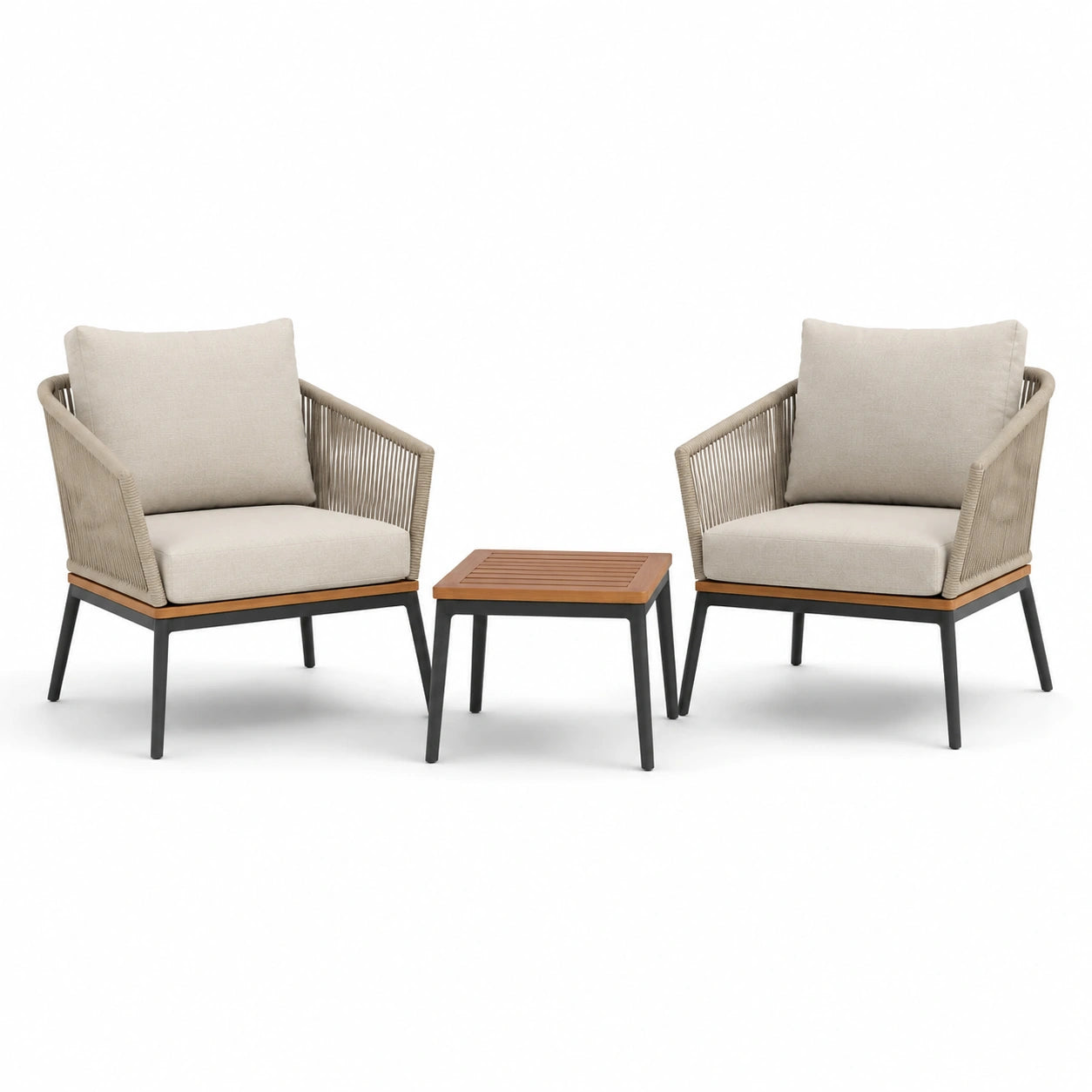 Ensemble de mobilier de jardin en métal avec chaises en corde et table en bois beige