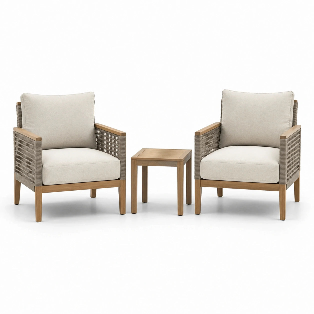 Ensemble de fauteuils en bois et table en teck avec corde tressée